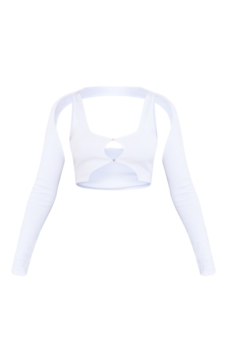 White Hook And Eye Front Long Sleeve Cut Out Rib Crop Top image 4