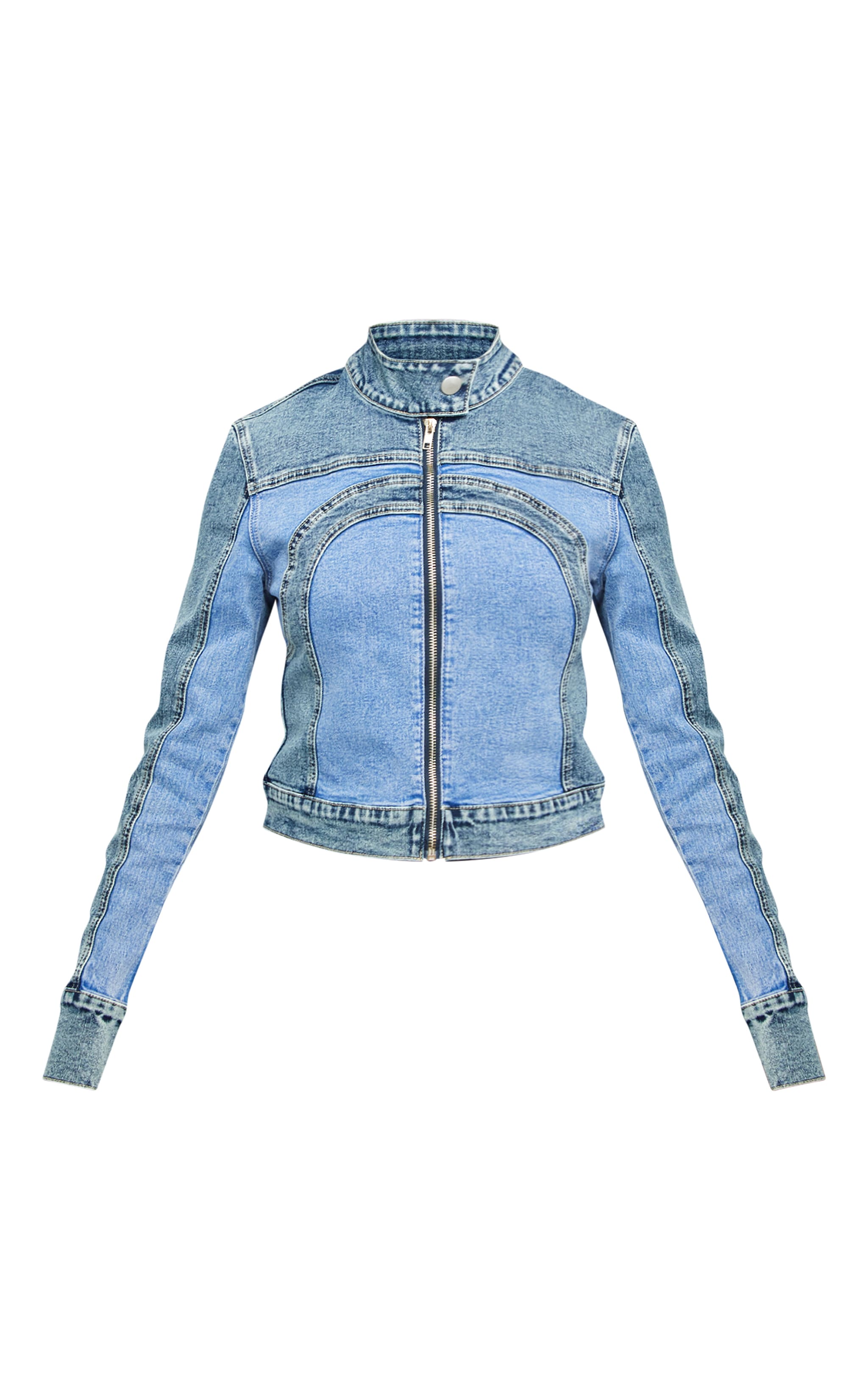 Blue Contrast Panel Racer Denim Jacket image 5