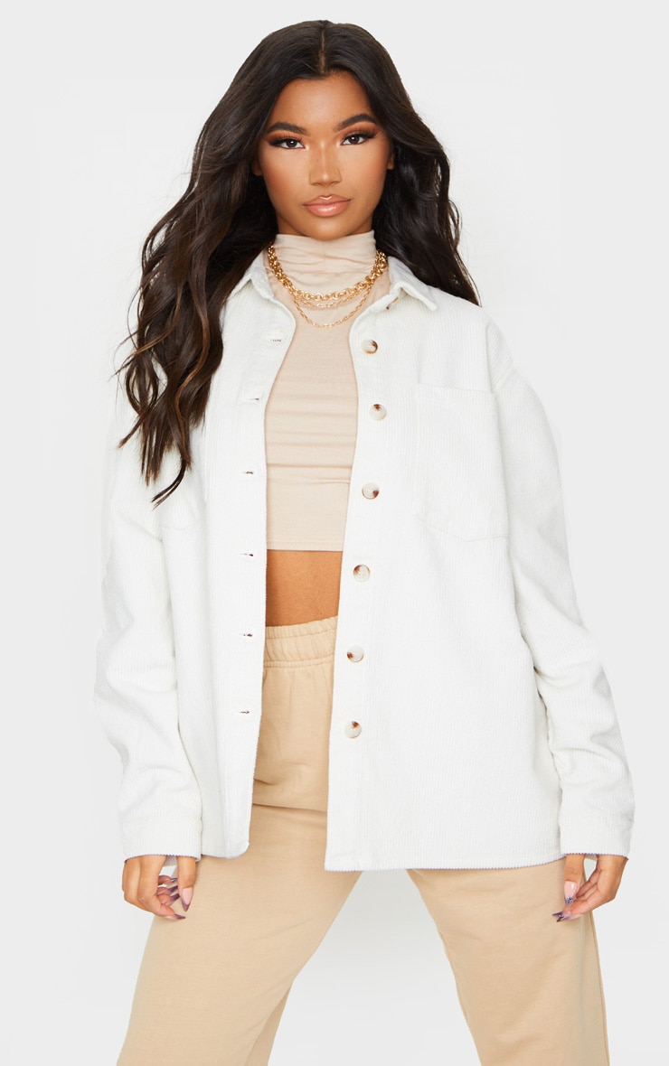 White Jumbo Cord Long Sleeve Denim Shirt