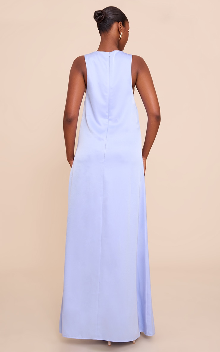 Blue Satin Boat Neck Sleeveless Maxi Dress image 2
