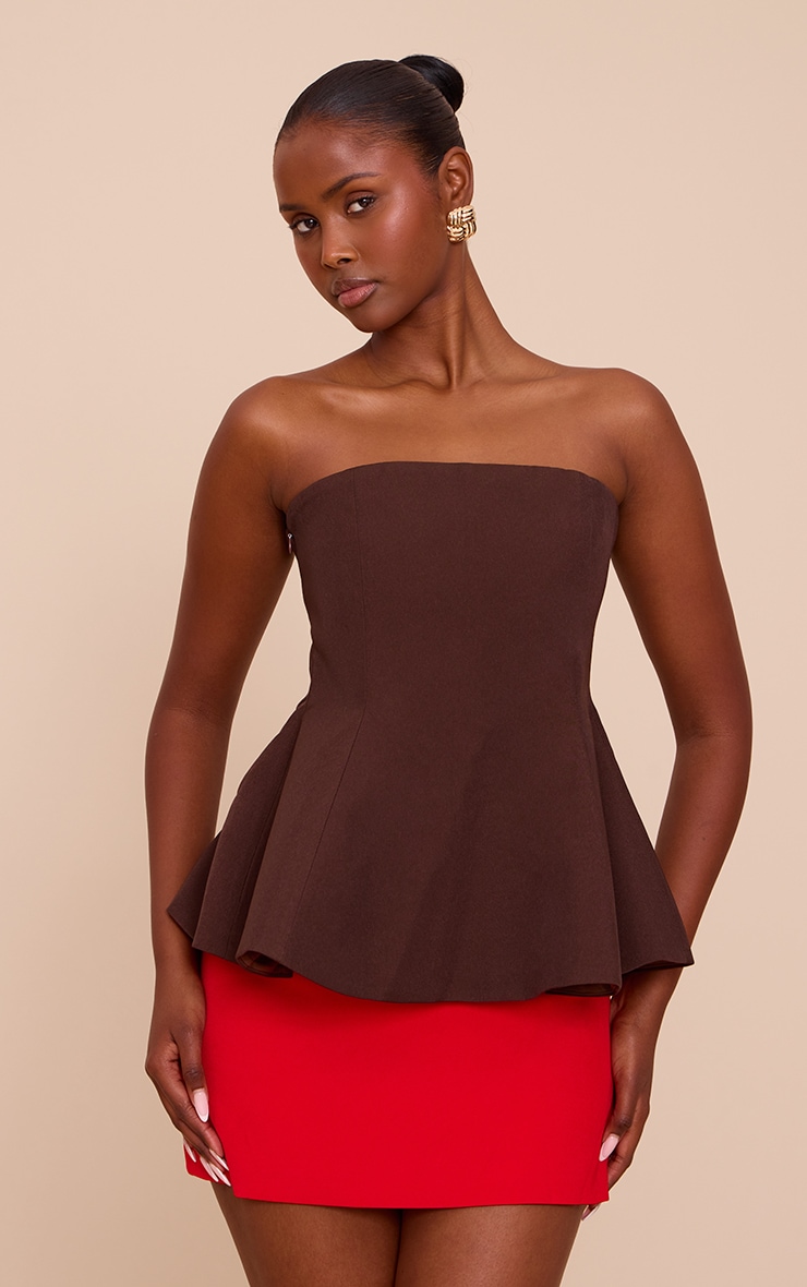 Chocolate Woven Structured Peplum Bandeau Top image 1