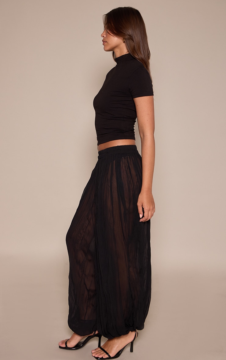 Black Textured Sheer Balloon Hem Pants image 2