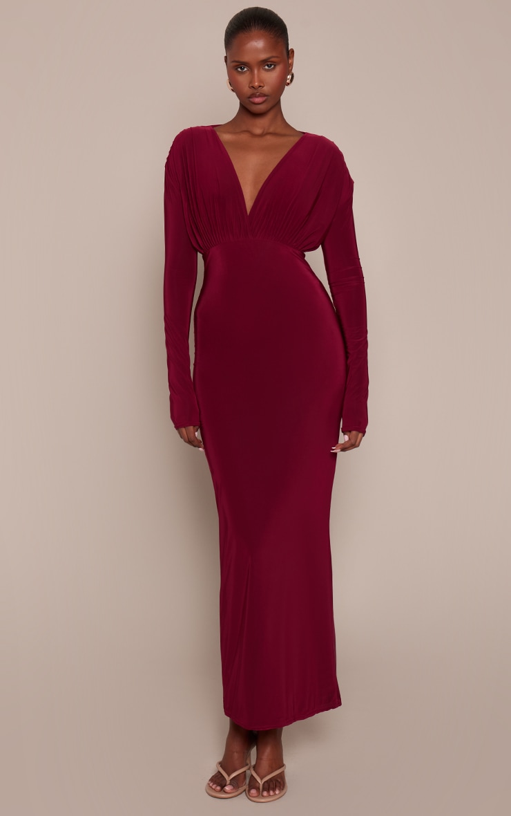 Burgundy Double Layer Slinky Plunge Long Sleeve Maxi Dress image 1