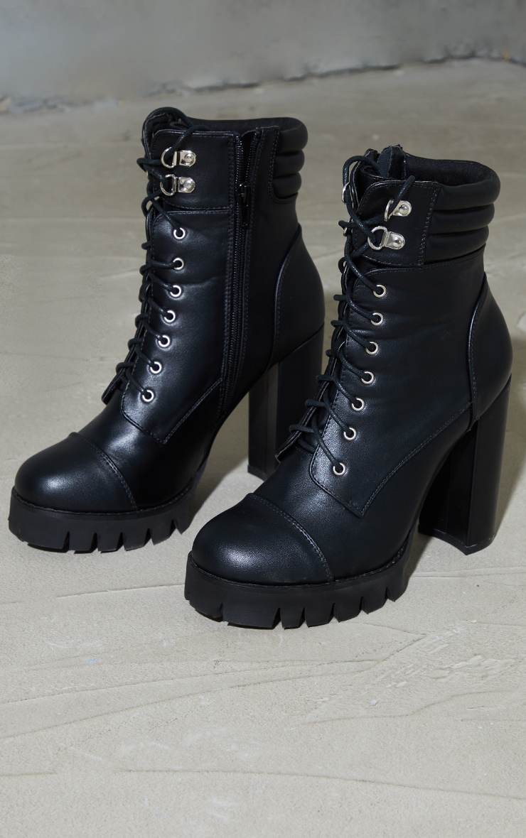 Black Pu Lace Up Quilted Ankle Heeled Ankle Boots PrettyLittleThing KSA