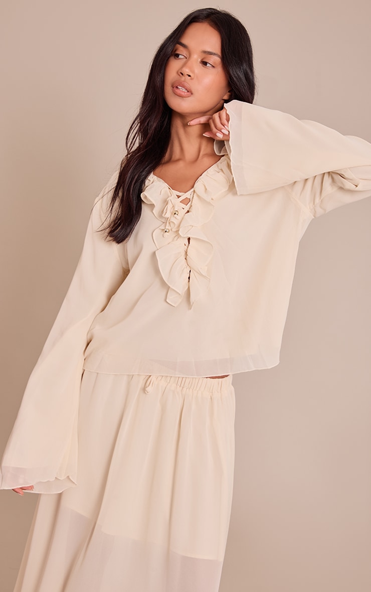 Cream Chiffon Frill Long Sleeve Top image 1