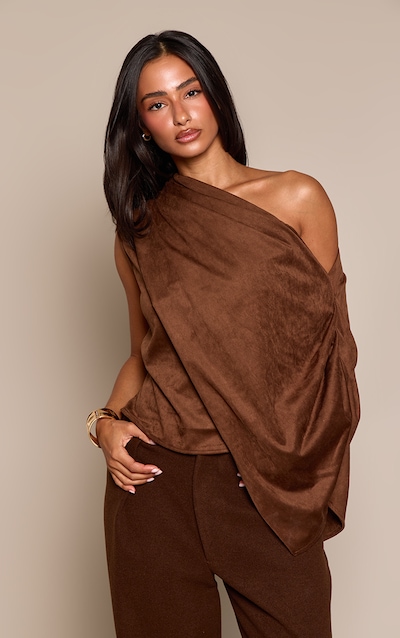Petite Chocolate Suede One Shoulder Asymmetric Top