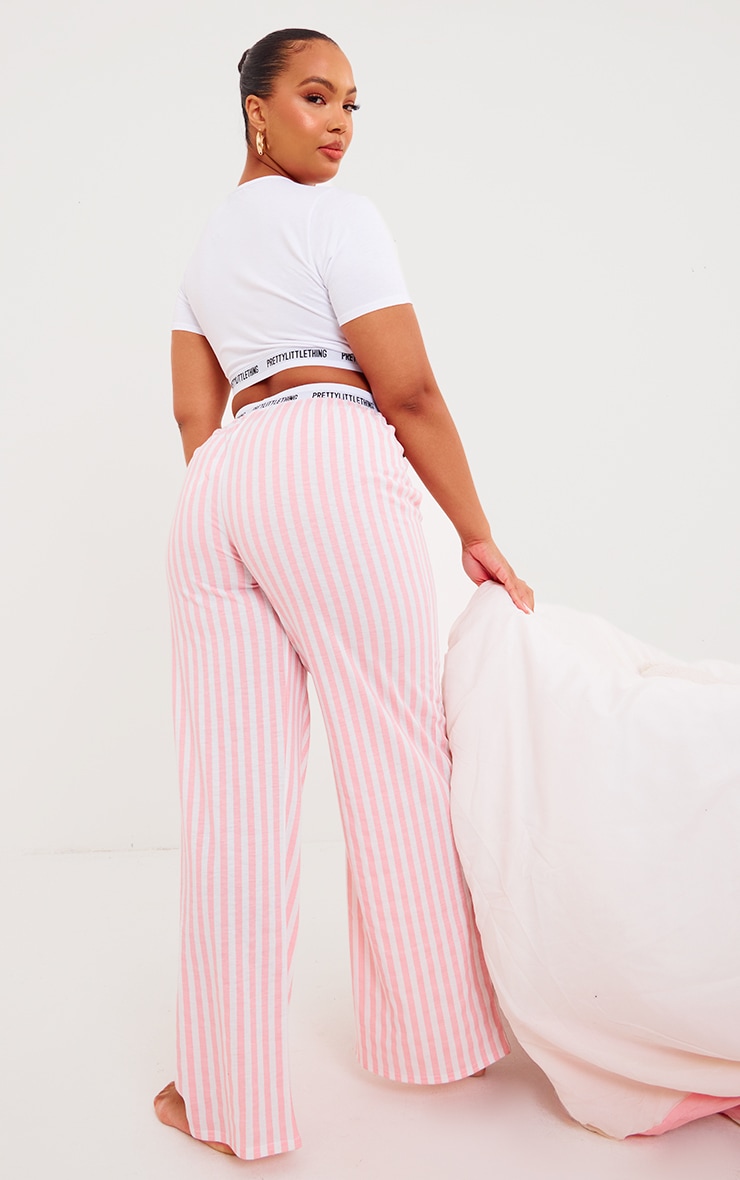 PRETTYLITTLETHING Plus Pink Striped Pant Pj Set image 2