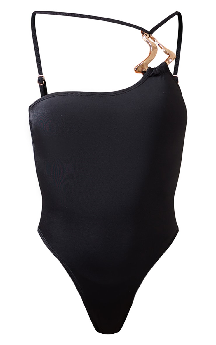 Maillot de bain asymétrique noir à empiècement doré image 5