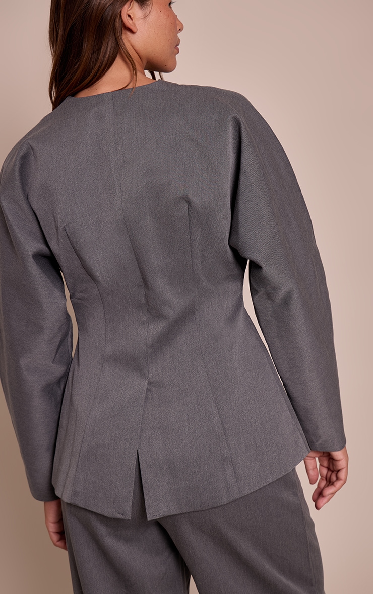 Charcoal Grey Premium Woven Tailored Collarless Blazer image 2