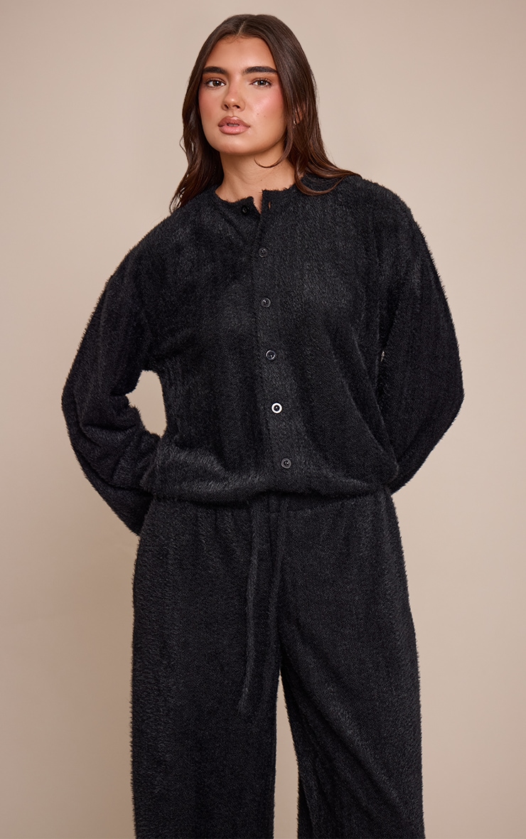 Black Textured Button Up Long Sleeve Cardigan image 1