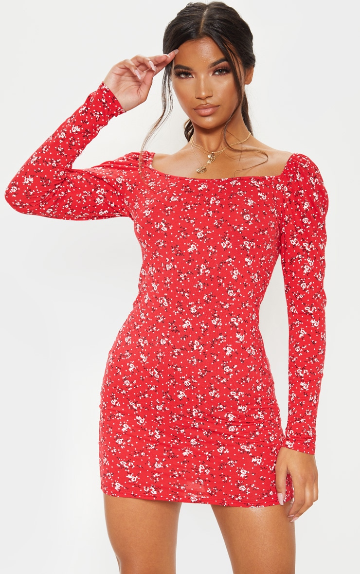 Red Ditsy Floral Puff Long Sleeve Bodycon Dress PrettyLittleThing
