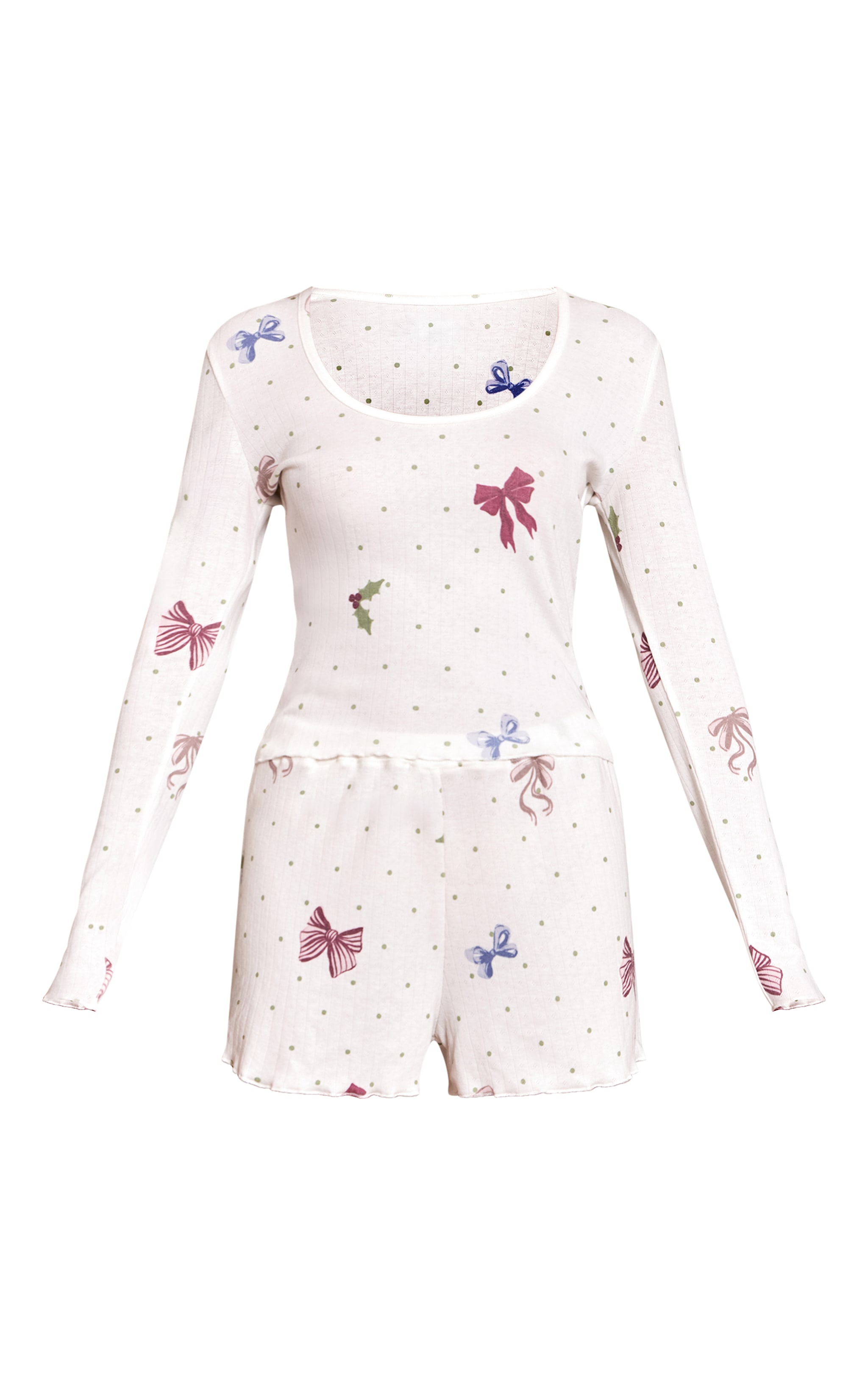 Christmas Bow Fitted Pointelle Long Sleeve Top and Shorts PJ Set image 5