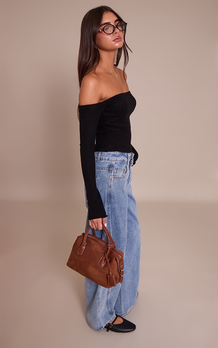 Black Brushed Rib Knit Bardot Long Sleeve Top image 3
