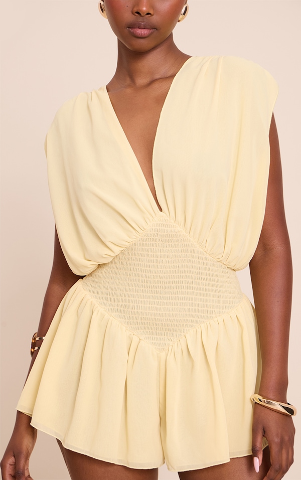 Lemon Chiffon V Neck Shirred Waist Frill Romper