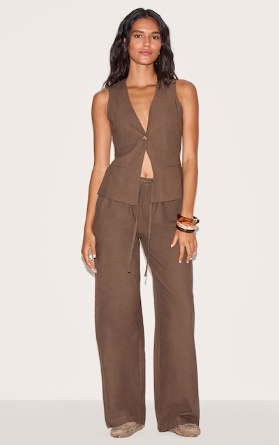 Pantalon large en effet lin chocolat profond à cordons ajustables