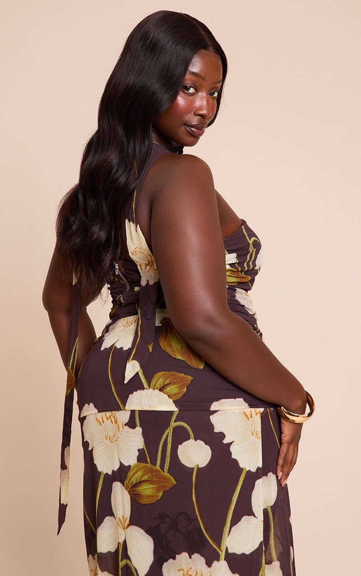 Plus Dark Chocolate Floral Printed Chiffon Scarf Detail Ruched Bandeau Top image 2