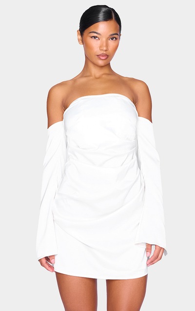 Cream Satin Corset Bardot Ruched Long Sleeve Shift Dress