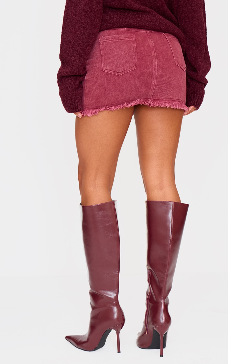 Washed Burgundy Raw Hem Denim Mini Skirt image 3