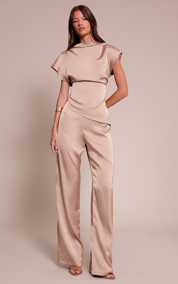 Champagne Satin Cap Sleeve Straight Leg Jumpsuit