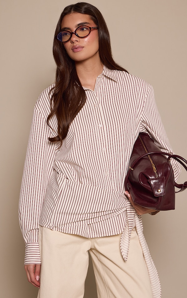 Cream Stripe Oversized Wrap Waist Shirt