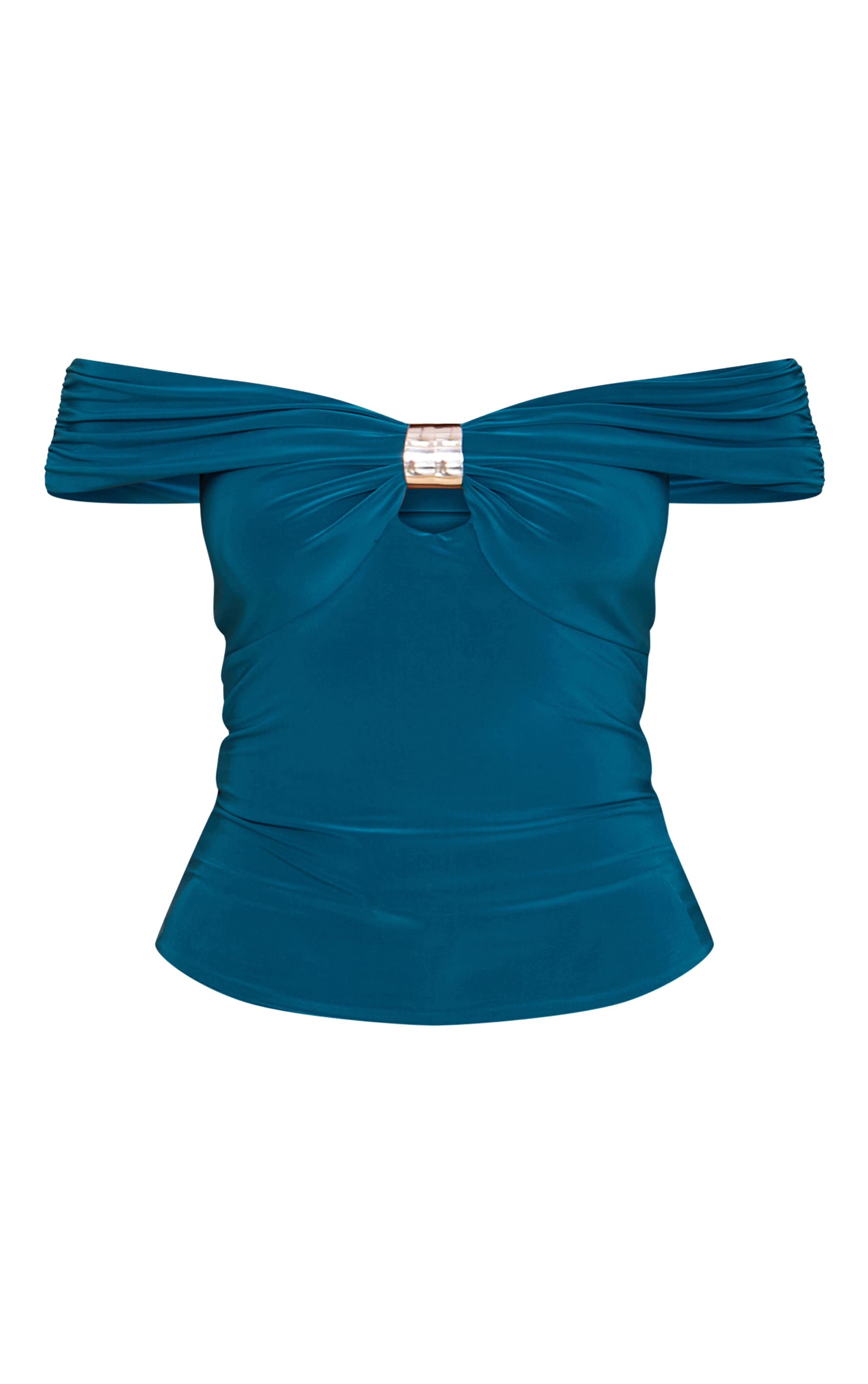 Teal Double Layer Slinky Trim Detail Bardot Long Top image 5