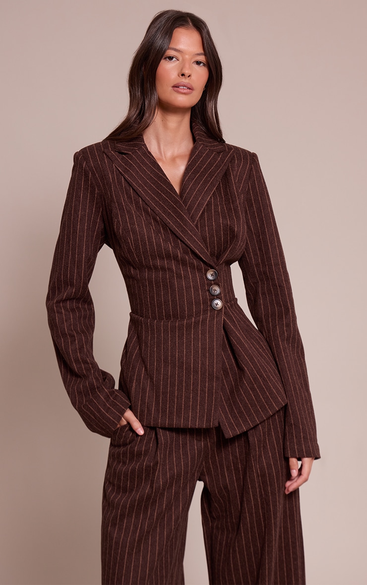 Chocolate Woven Heavy Brushed Pinstripe Cinched Waist Blazer image 1
