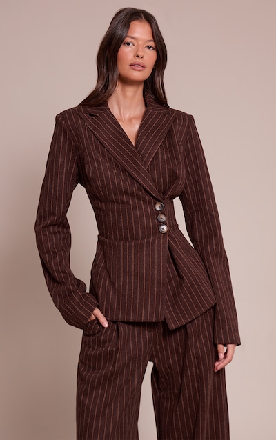 Chocolate Woven Heavy Brushed Pinstripe Cinched Waist Blazer