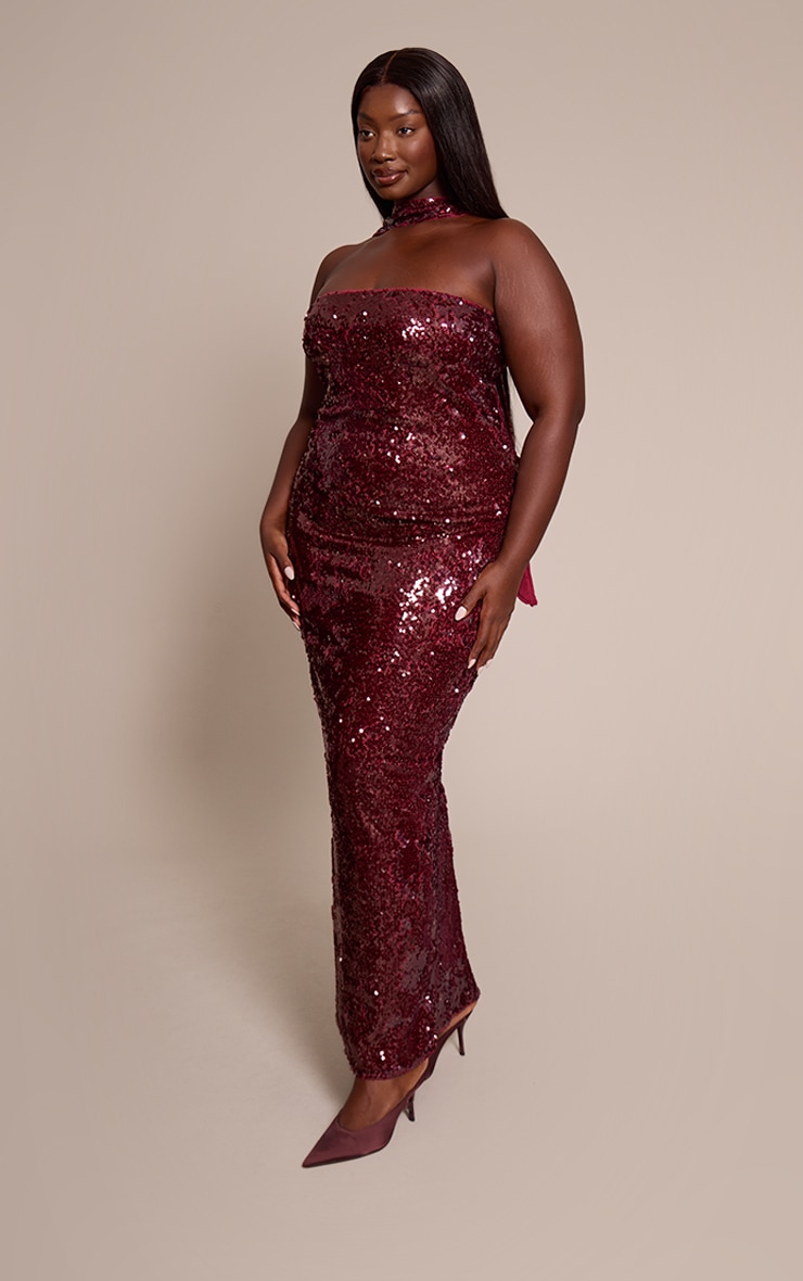 Plus Burgundy Sequin Scarf Detail Bandeau Maxi Dress image 3
