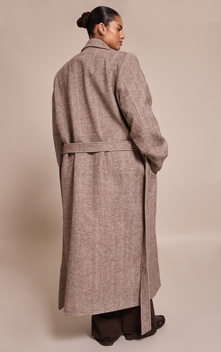 Plus Brown Herringbone Tie Waist Maxi Coat image 2