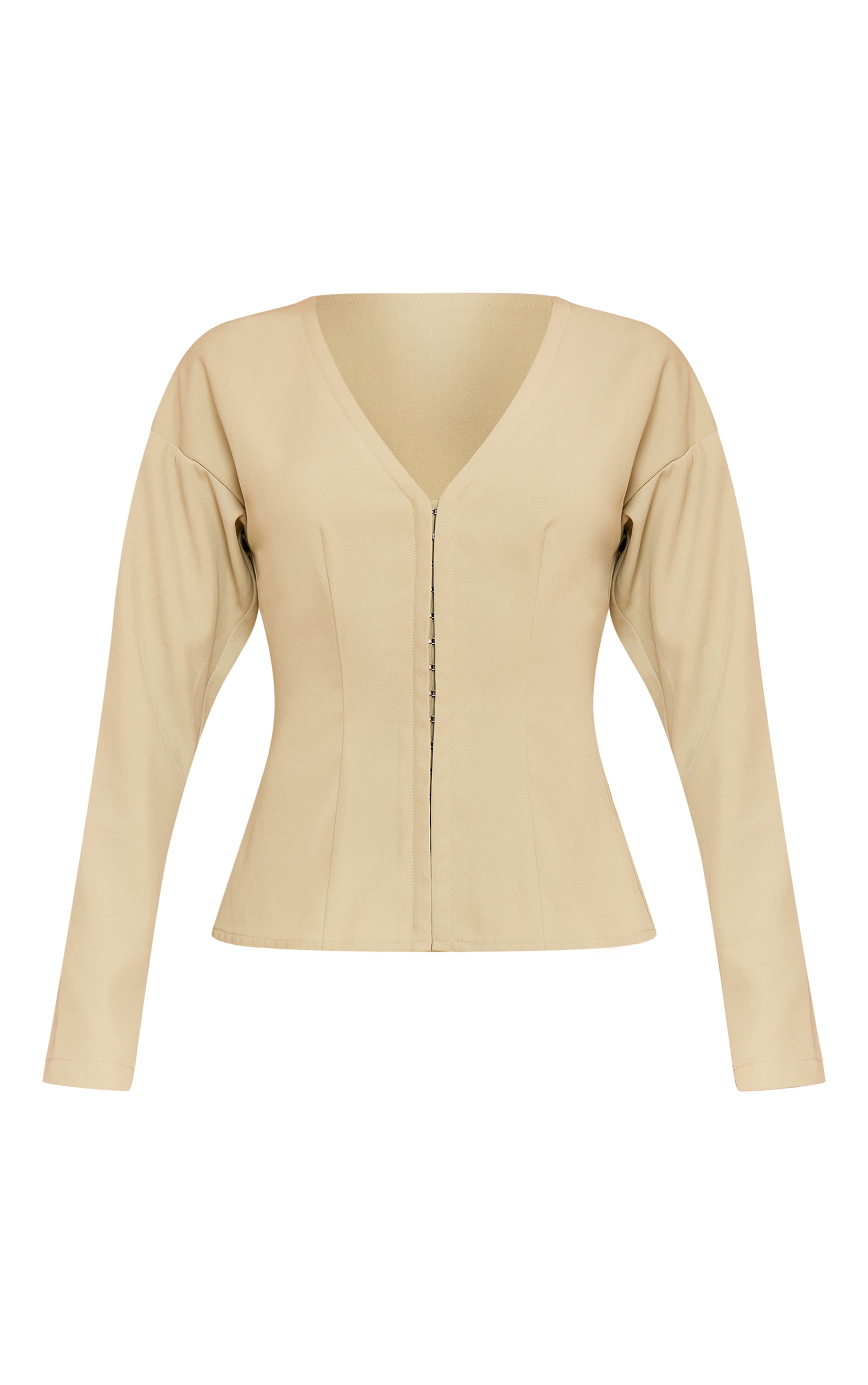 Petite Soft Olive Collarless Hook And Eye Cinched Waist Long Top image 5