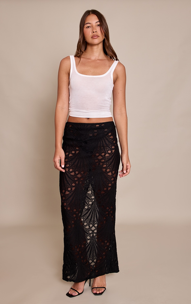 Black Textured Floral Lace Maxi Skirt image 1