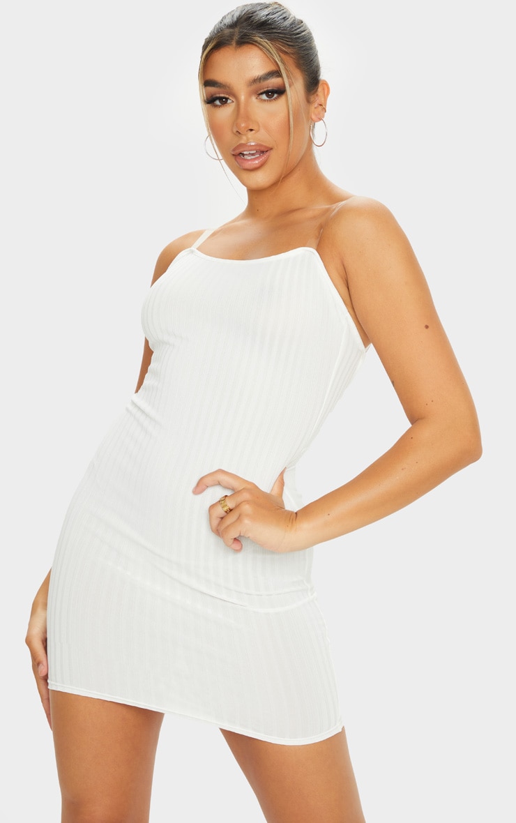 Cream Clear Strap Ribbed Scoop Back Bodycon Dress