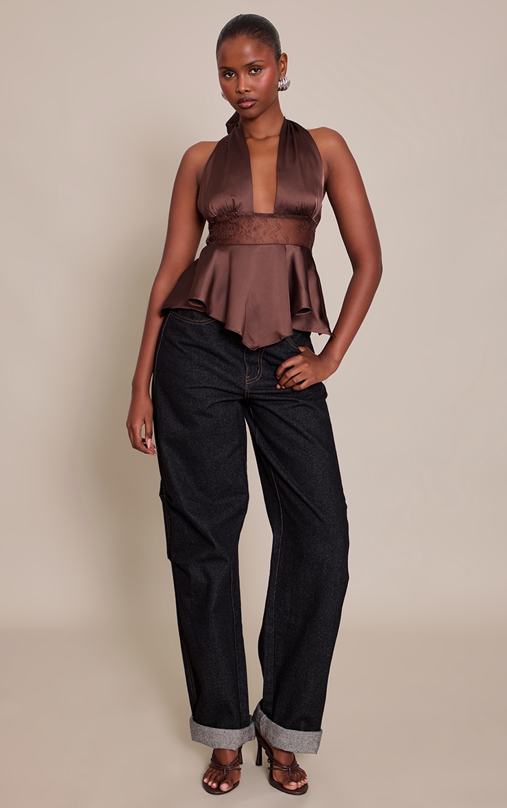 Chocolate Satin Lace Plunge Halterneck Top image 3