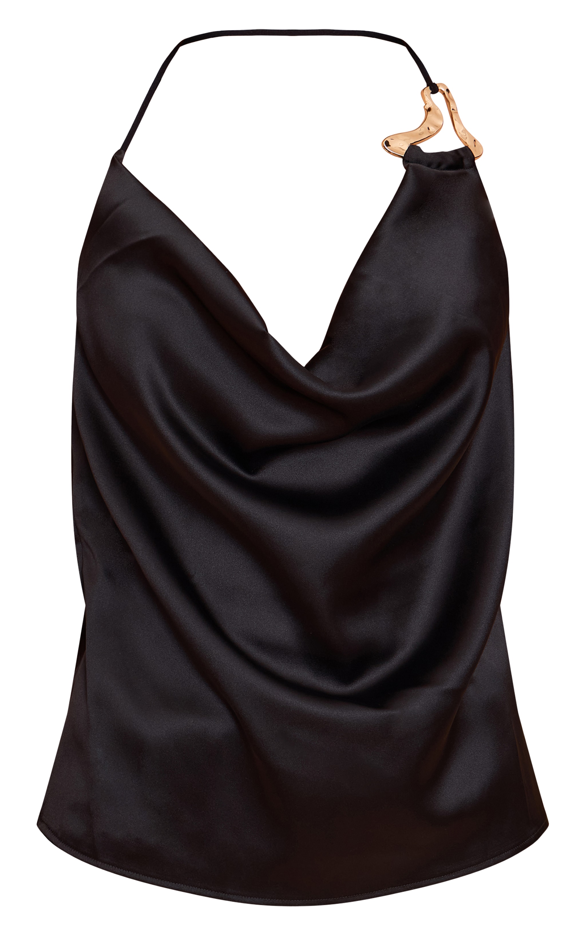 Black Satin Gold Trim Cowl Long Top image 5