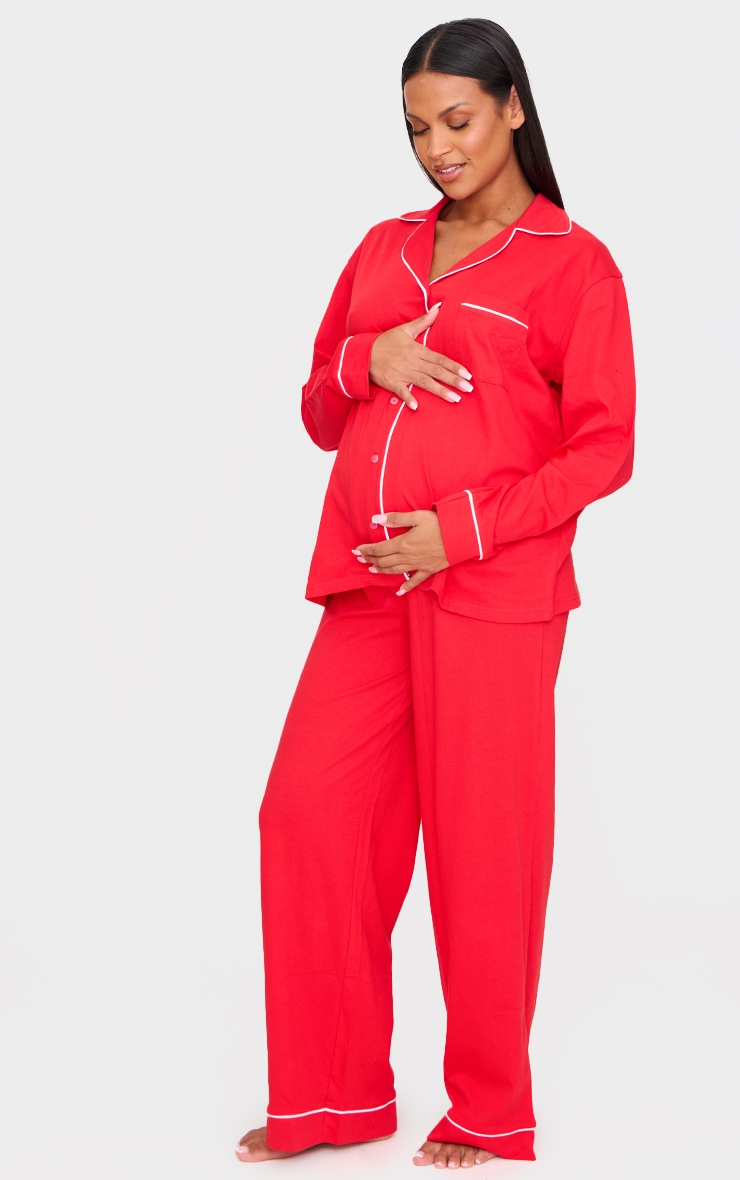 Maternité Ensemble de pyjama de grossesse long en jersey rouge à lisérés contrastants image 1