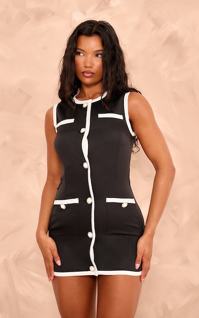 Combishort tissé noir contrastant à boutons en perles