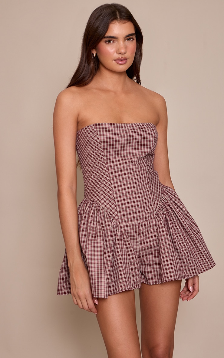 Burgundy Check Print Woven Bandeau Playsuit image 1