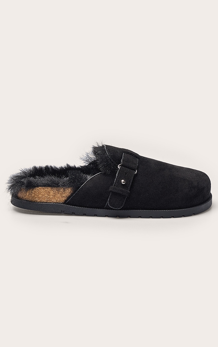 Black Faux Suede Faux Fur Lined Buckle Mules image 2