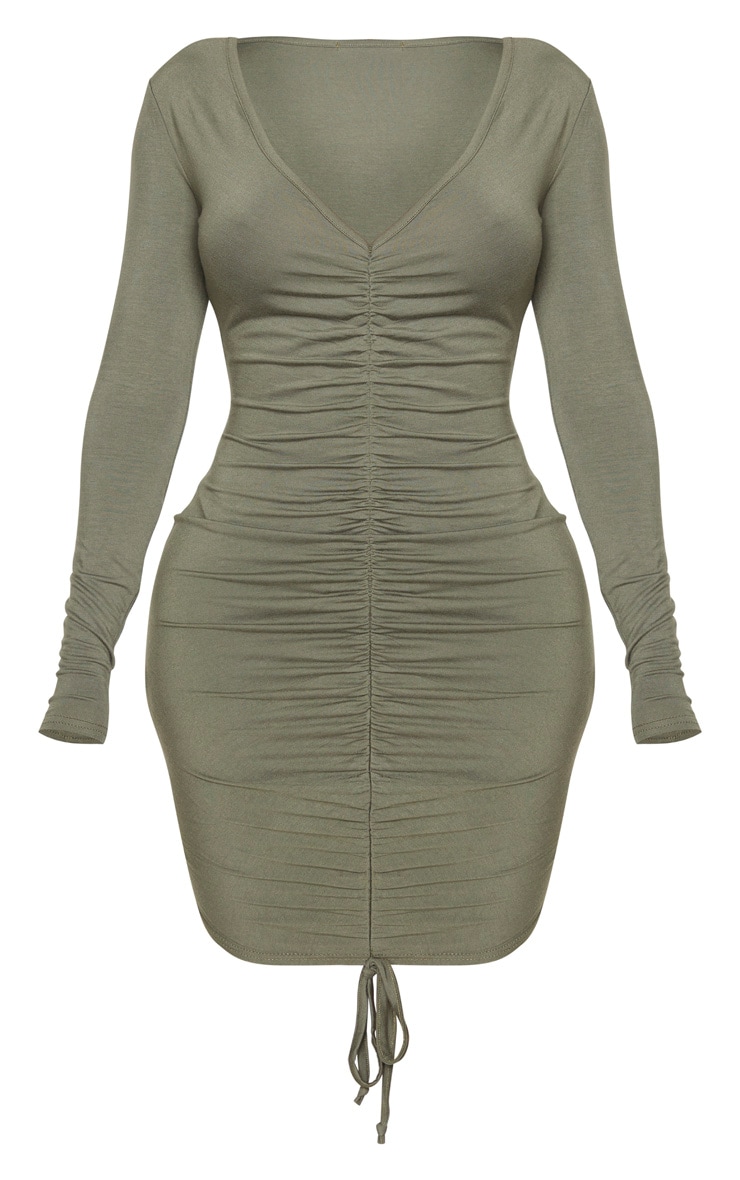 Shape Khaki Jersey Long Sleeve Ruched Front Dress image 3