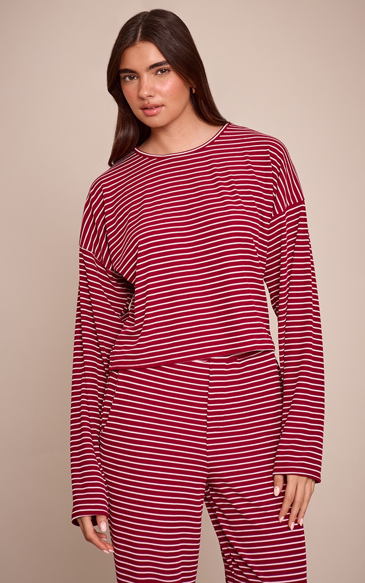 Burgundy Ribbed Stripe Oversized Slouchy Long Sleeve Top  image 1