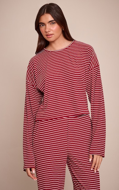 Burgundy Ribbed Stripe Oversized Slouchy Long Sleeve Top