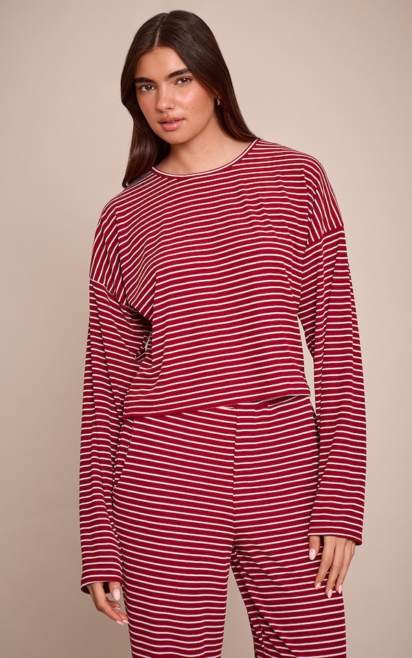 Burgundy Ribbed Stripe Oversized Slouchy Long Sleeve Top 