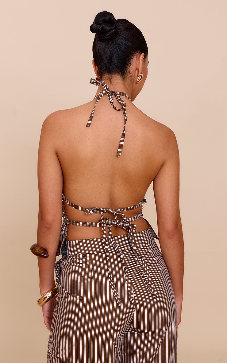 Brown Stripe Woven Ruched Backless Halterneck Long Top image 2