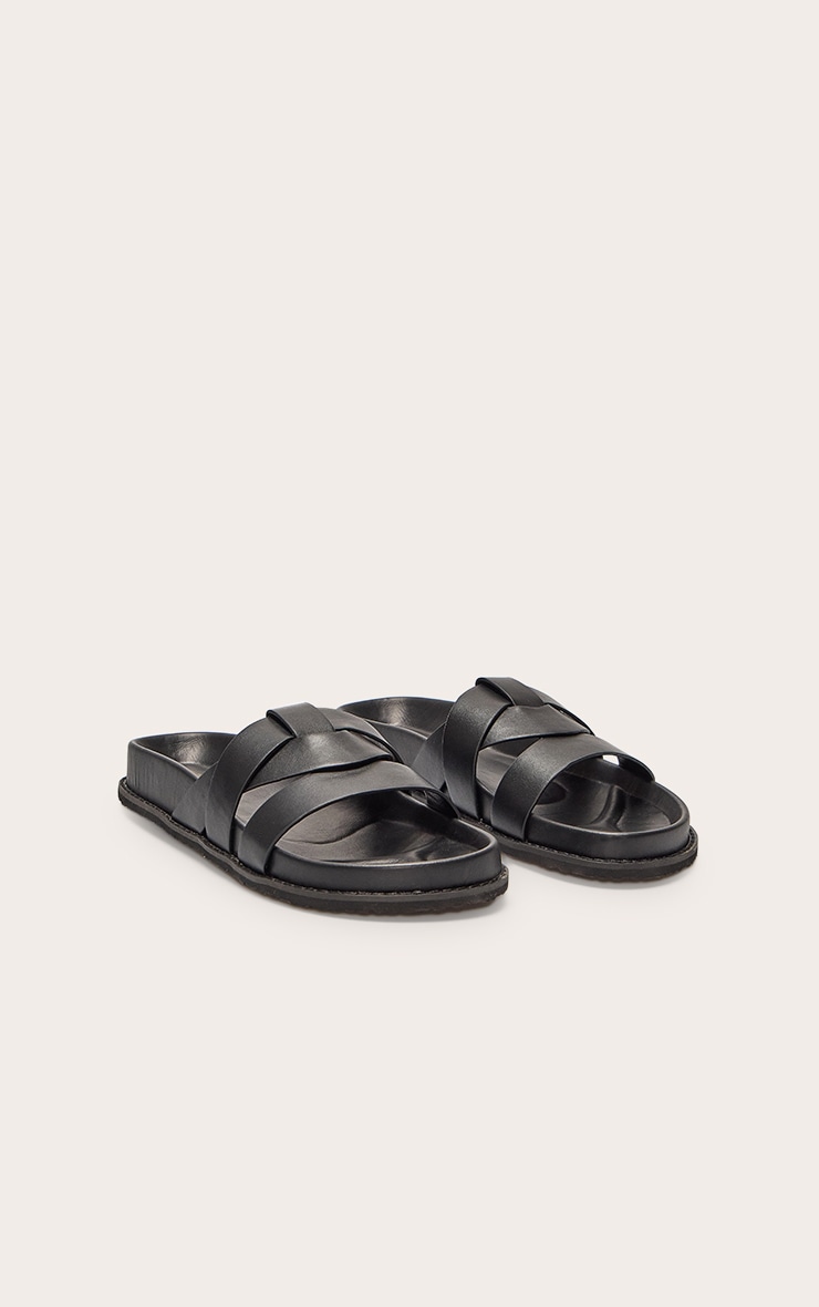 Black Pu Round Toe Weave Chunky Strap Sandals image 2