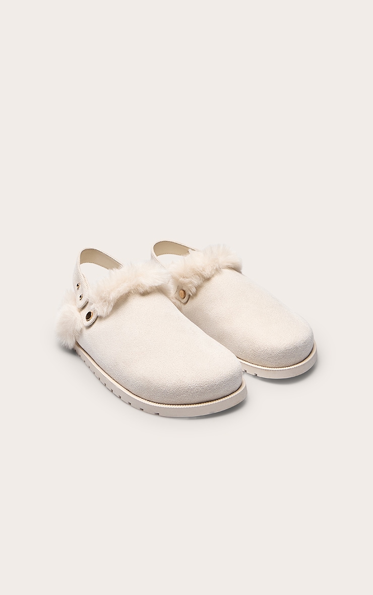 Cream Faux Suede Faux Fur Lined Mules image 3