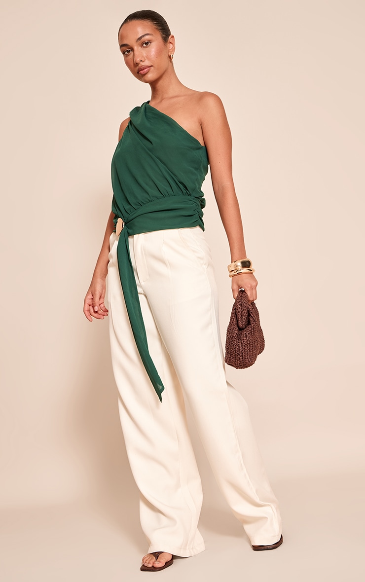 Forest Green Chiffon One Shoulder Ruched Trim Drape Top image 3
