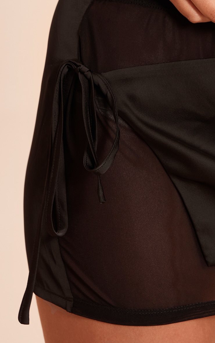 Black Satin Wrap Mesh Mini Skirt image 5