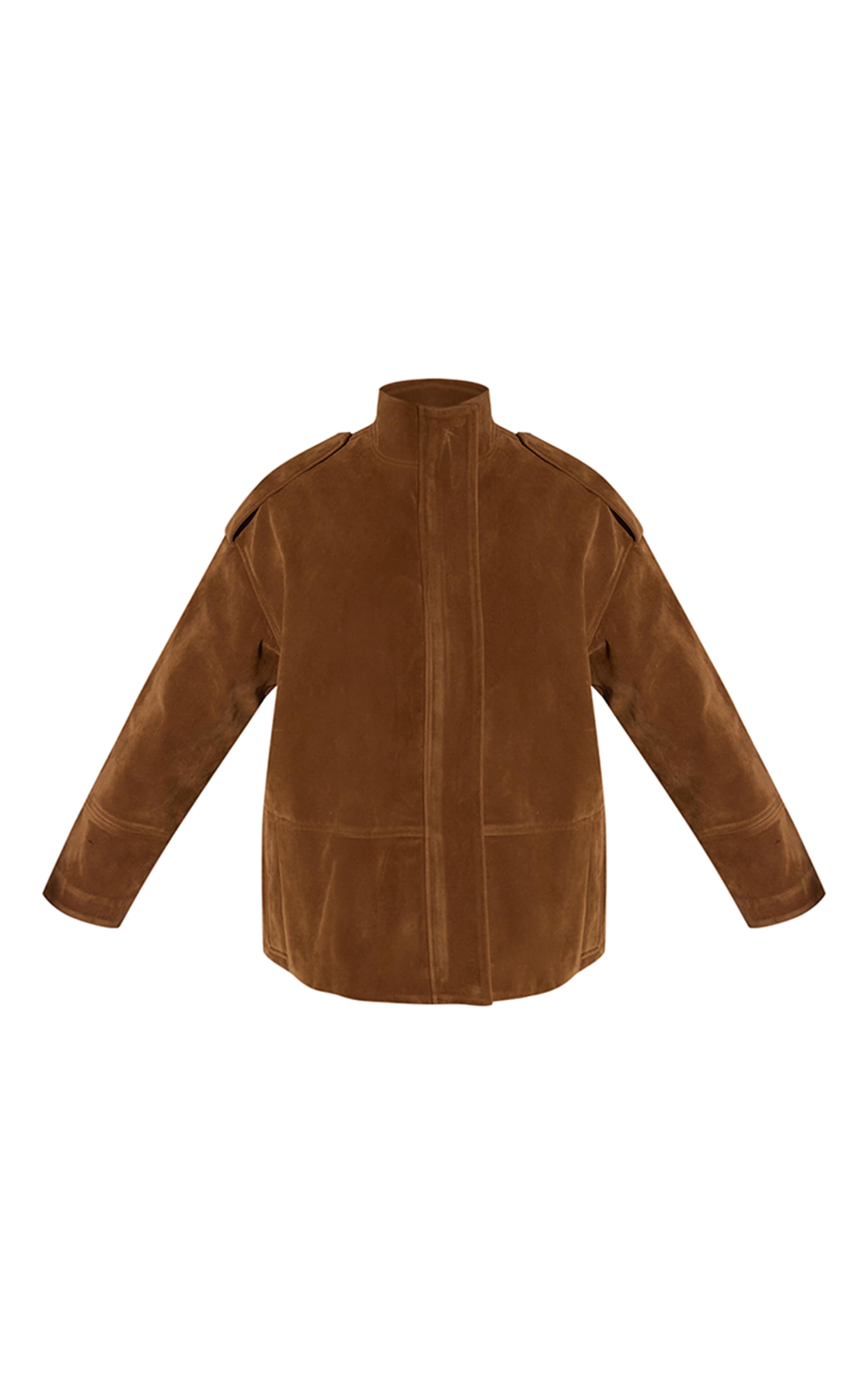 Tan Funnel Neck Concealed Placket Longline Suede Jacket  image 5