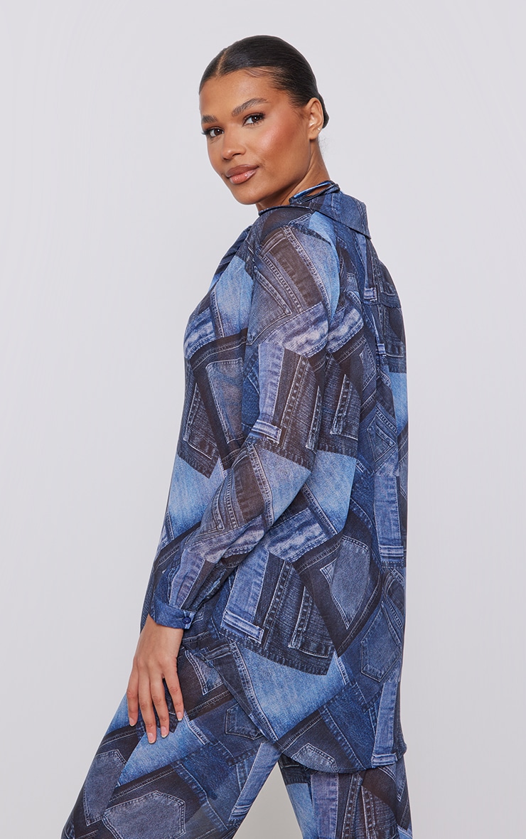 Blue Denim Pocket Print Chiffon Oversized Shirt image 2