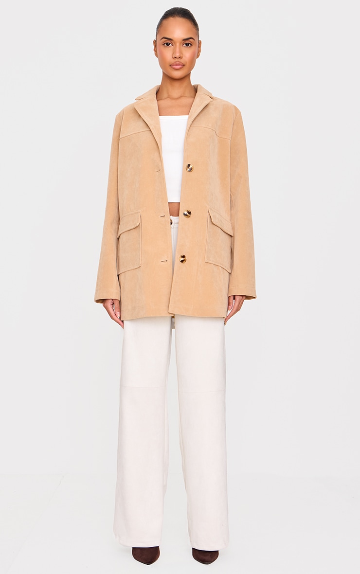 Beige Oversized Longline Faux Suede Blazer Coat image 3
